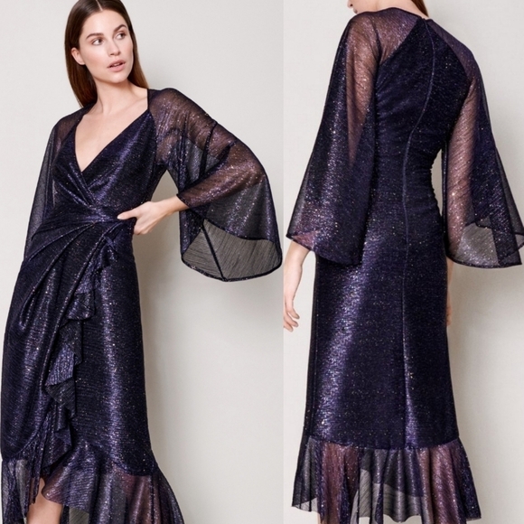 New Talbot Runhof Concavo1 Sprinkled Metallic Voile Wide Sleeve Midi Dress 6 US - Picture 3 of 17